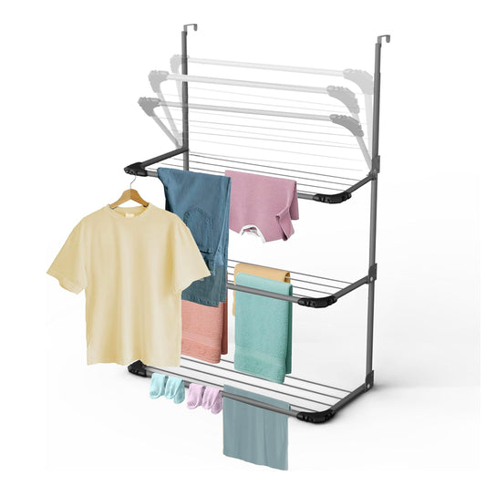 3-Tier Over The Door Clothes Airer | Foldable Clothes Rail with Corner Spaces for Hangers | Sturdy Hanging Washing Laundry Airer | Indoor Clothes Drying Rack for Small Spaces (Grey)