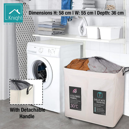 KNIGHT 120L Collapsible Laundry Basket with Wheels - Lightweight, 2 Section, Portable Washing Storage Bin with Mesh Cover & Handles - Durable Fabric (Ivory) Visit the Knight Store