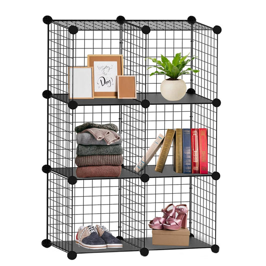 6 Cube Interlocking Storage Rack | Metal Wire Mesh Shelves | Metal Wire Fence| Combination Display Stand Unit | Large Capacity | Free Rubber Mallet | 62 x 31 x 93 cm | Black
