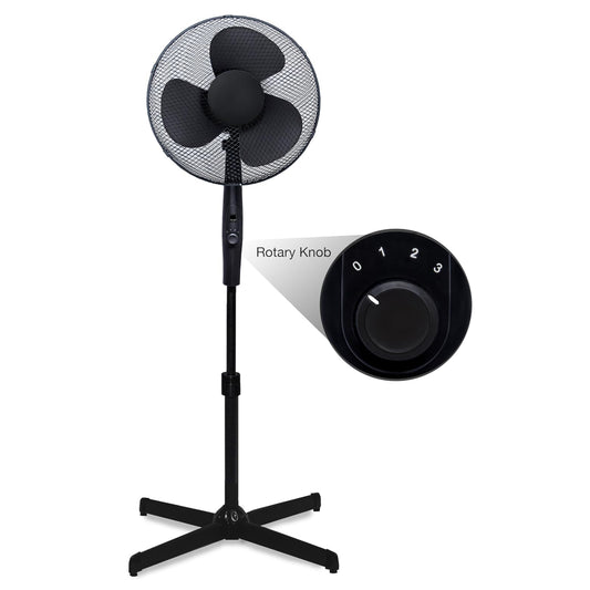 16'' Oscillating Pedestal Fan | Adjustable Height Up to 140cm | Quiet Cooling with Rotary Speed Control | Tilting Head | Energy-Efficient Standing Fan for Home, Bedroom & Office (Matt Black) [Energy Class A+++]