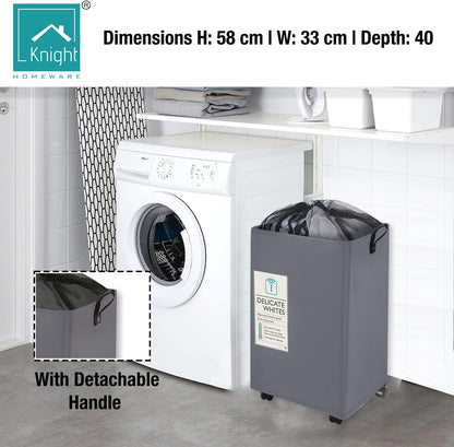 KNIGHT 60L Collapsible Laundry Basket with Wheels | Lightweight Portable Washing Storage Bin | Durable Fabric Mesh Cover & Handles | Grey Laundry Hamper