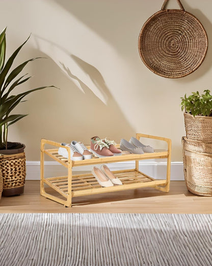 Knight 2-TIER Bamboo Shoe Rack, 100% Natural & Renewable, Super Strong Heavy Duty Durable Wooden Shoe Rack Stand Storage Organiser (L71 x W33 x H34 cm)