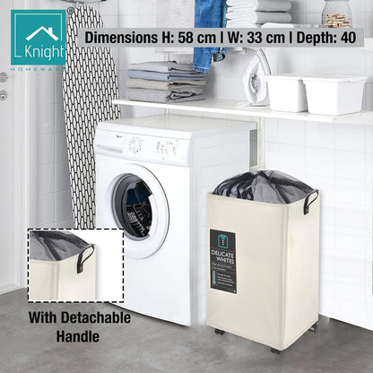 KNIGHT 60L Collapsible Laundry Basket with Wheels | Lightweight Portable Washing Storage Bin | Durable Fabric Mesh Cover & Handles | Ivory Laundry Hamper Visit the Knight Store