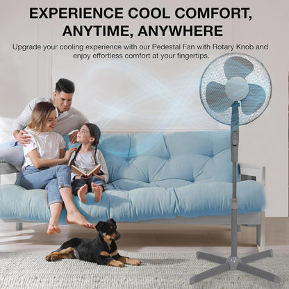 16" Standing Pedestal Fan in Matt Grey – Quiet Operation | Adjustable Height to 140cm | Oscillating & Tilting Head | Energy Efficient [A+++ Rated] | Rotary Speed Control for Home, Office & Bedroom [Energy Class A+++]