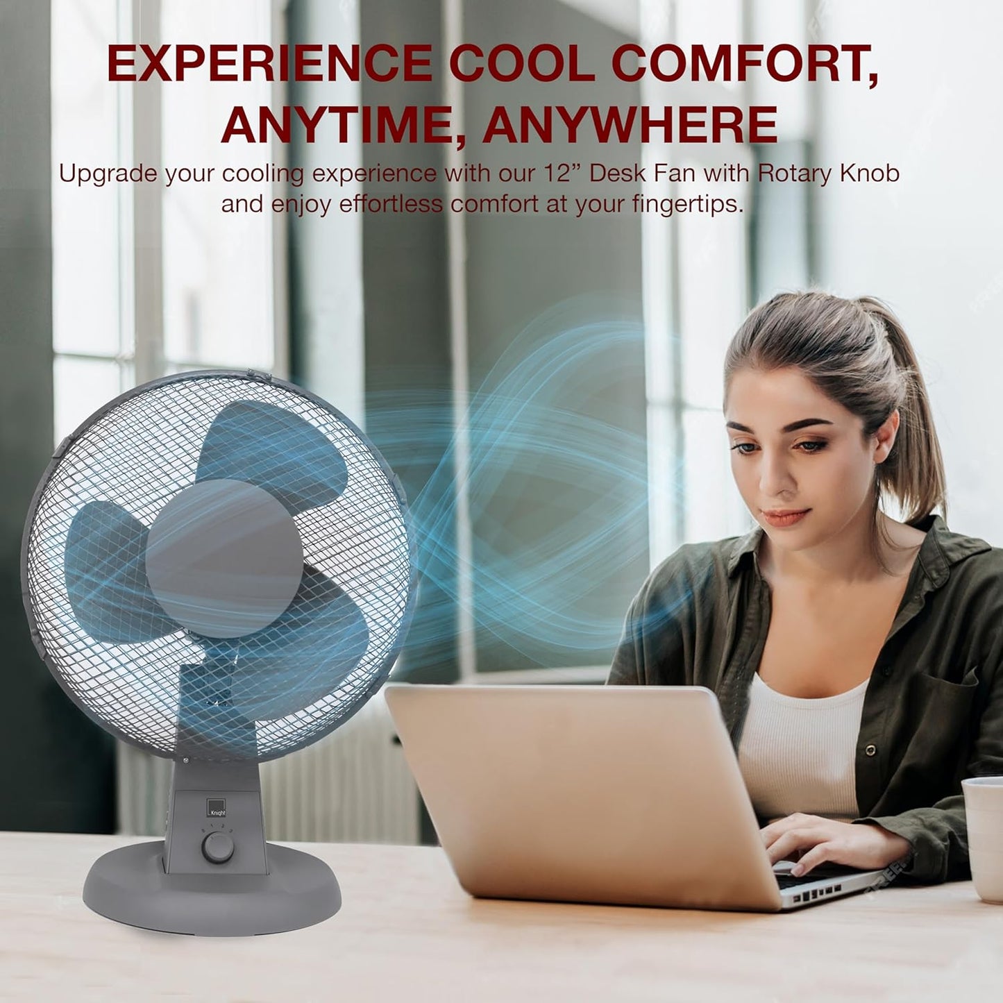 12" Desk Fan | Matt Black | 4 Position Rotary Knob | 3 Speed Setting | Oscillating & Tilting Head | Portable & Low Noise | Ideal for Office & Home [Upgraded Design] (Matt Grey) [Energy Class A+++]