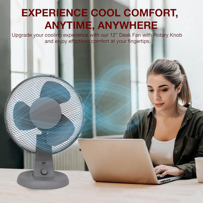 12" Desk Fan | Matt Black | 4 Position Rotary Knob | 3 Speed Setting | Oscillating & Tilting Head | Portable & Low Noise | Ideal for Office & Home [Upgraded Design] (Matt Grey) [Energy Class A+++]