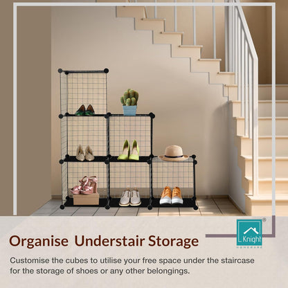 6 Cube Interlocking Storage Rack | Metal Wire Mesh Shelves | Metal Wire Fence| Combination Display Stand Unit | Large Capacity | Free Rubber Mallet | 62 x 31 x 93 cm | Black