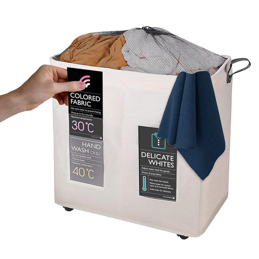 KNIGHT 120L Collapsible Laundry Basket with Wheels - Lightweight, 2 Section, Portable Washing Storage Bin with Mesh Cover & Handles - Durable Fabric (Ivory) Visit the Knight Store