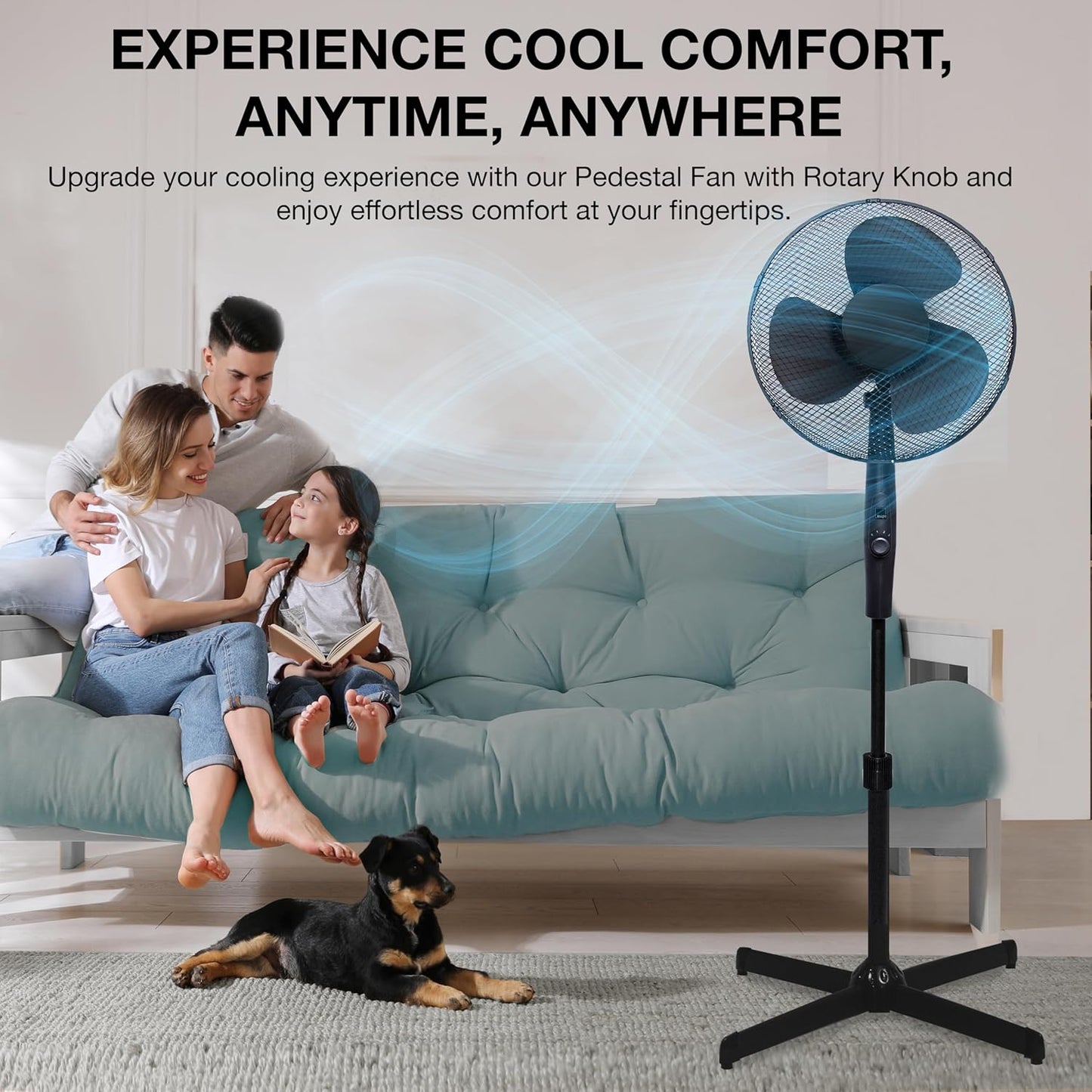 16'' Oscillating Pedestal Fan | Adjustable Height Up to 140cm | Quiet Cooling with Rotary Speed Control | Tilting Head | Energy-Efficient Standing Fan for Home, Bedroom & Office (Matt Black) [Energy Class A+++]