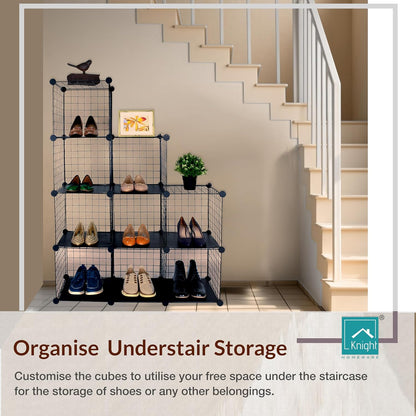9 Cube Interlocking Storage Rack with Metal Wire Mesh Shelves | Cube Bookcase | Multifunctional Wire Fence Display Stand Unit Cabinet Large Capacity with Free Rubber Mallet