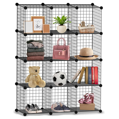 12 Cube Interlocking Storage Rack with Metal Wire Mesh Shelves Multifunctional Wire Fence Display Stand Unit Cabinet Large Capacity Free Rubber Mallet 123 x 93 x 31 cm Black