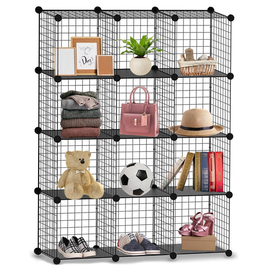 12 Cube Interlocking Storage Rack with Metal Wire Mesh Shelves Multifunctional Wire Fence Display Stand Unit Cabinet Large Capacity Free Rubber Mallet 123 x 93 x 31 cm Black