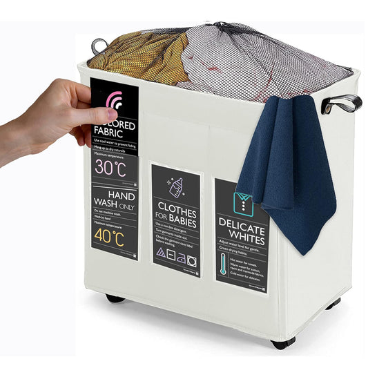 KNIGHT 150L Collapsible Laundry Basket with Wheels | Lightweight Portable Washing Storage Bin | Durable Fabric Mesh Cover & Handles | Ivory Laundry Hamper