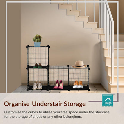4 Cube Interlocking Storage Rack | Metal Wire Mesh Shelves | Combination Display Stand Unit | Large Capacity | Free Rubber Mallet | 62x31x62cm | Black