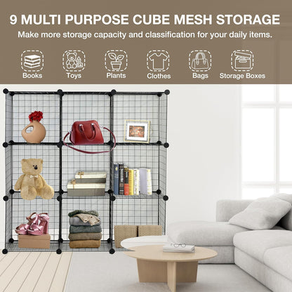9 Cube Interlocking Storage Rack with Metal Wire Mesh Shelves | Cube Bookcase | Multifunctional Wire Fence Display Stand Unit Cabinet Large Capacity with Free Rubber Mallet