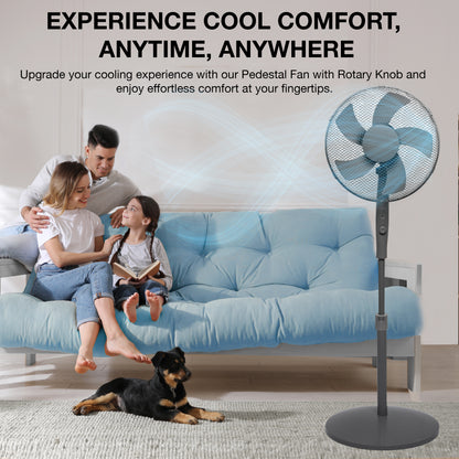 Knight 16" Heavy Duty 5 Blade Pedestal Stand Fan, 140cm Adjustable Height, 3 Speed Setting, Heavy Round Base, Oscillating, Tilting head - Grey