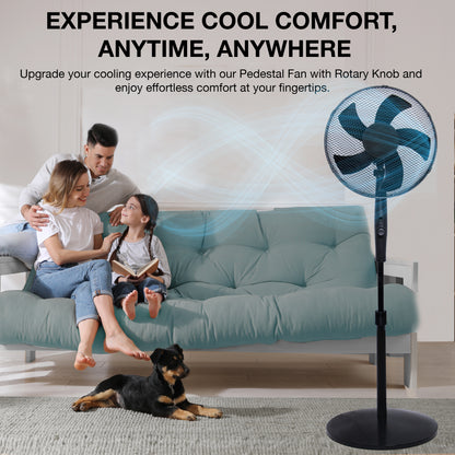 Knight 16" Heavy Duty 5 Blade Pedestal Stand Fan, 140cm Adjustable Height, 3 Speed Setting, Heavy Round Base, Oscillating, Tilting head - Black