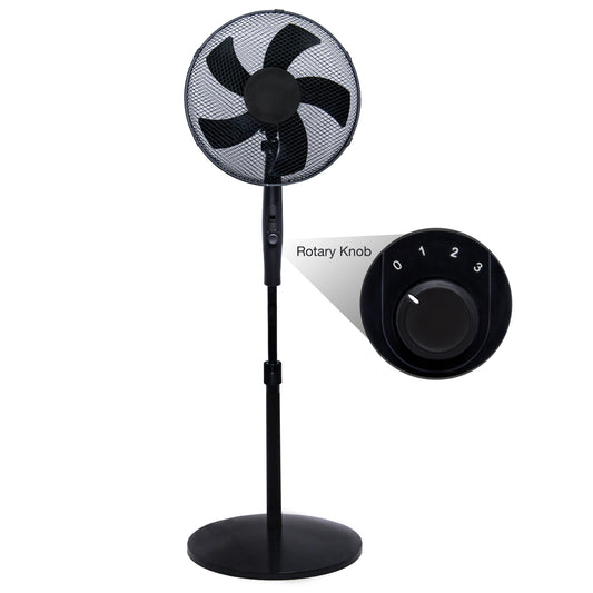 Knight 16" Heavy Duty 5 Blade Pedestal Stand Fan, 140cm Adjustable Height, 3 Speed Setting, Heavy Round Base, Oscillating, Tilting head - Black