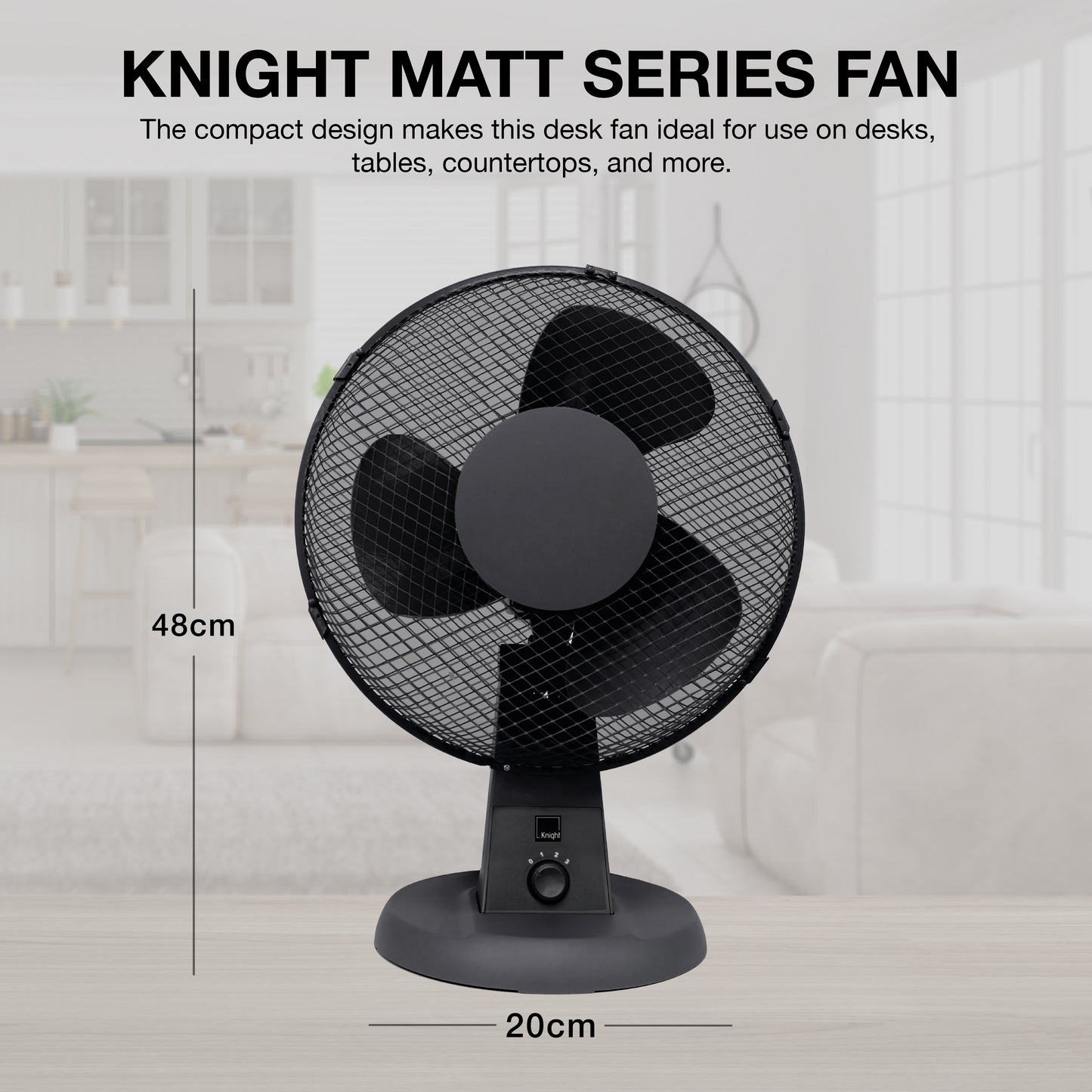 12" Desk Fan | Matt Black | 4 Position Rotary Knob | 3 Speed Setting | Oscillating & Tilting Head | Portable & Low Noise | Ideal for Office & Home [Upgraded Design] (Matt Black) [Energy Class A+++]