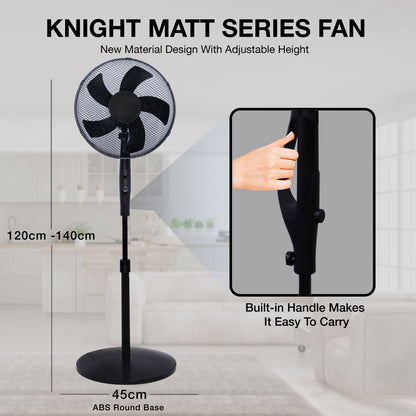 Knight 16" Heavy Duty 5 Blade Pedestal Stand Fan, 140cm Adjustable Height, 3 Speed Setting, Heavy Round Base, Oscillating, Tilting head - Black