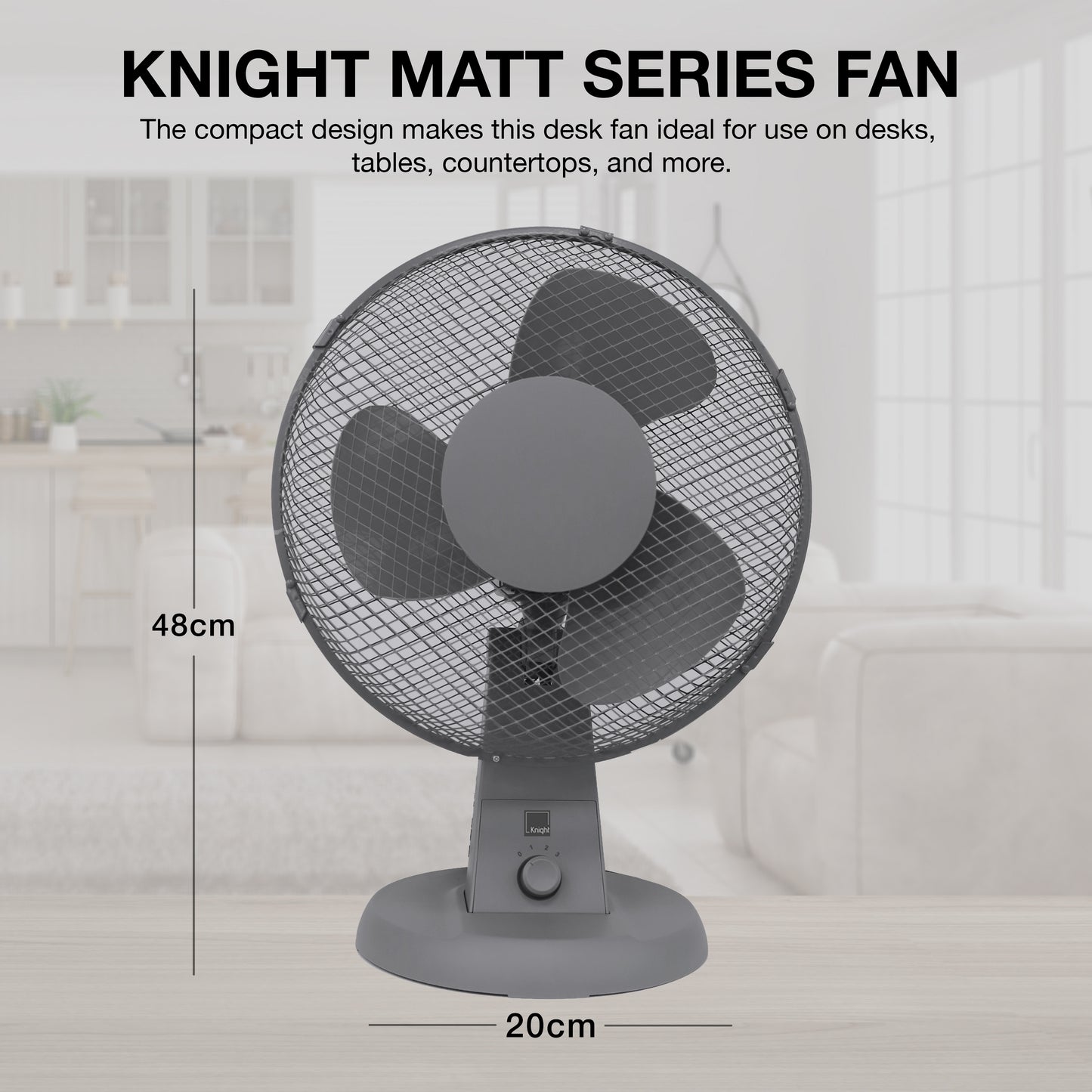 12" Desk Fan | Matt Black | 4 Position Rotary Knob | 3 Speed Setting | Oscillating & Tilting Head | Portable & Low Noise | Ideal for Office & Home [Upgraded Design] (Matt Grey) [Energy Class A+++]