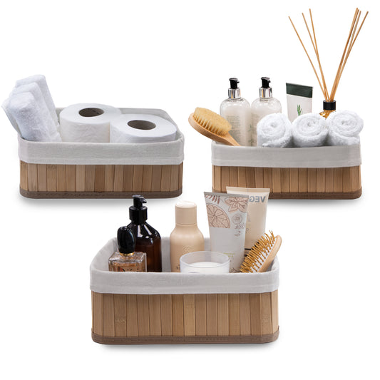 Knight Set of 3 Bamboo Storage Basket, Multi-purpose Bamboo Storage Shelving Organiser, Removable Washable Inner cloth, For Kitchen, Rooms, Shelves, Bathroom, Natural (Rectangular)