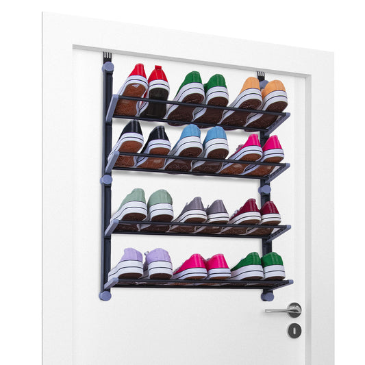 Over The Door Shoe Storage Organiser | 4Tier Hanging Shoe Rack Holds 12 Pairs | Space-Saving Shoe Organiser for Bedroom, Hallway | Foldable Non-Slip Metal(4 Tier)