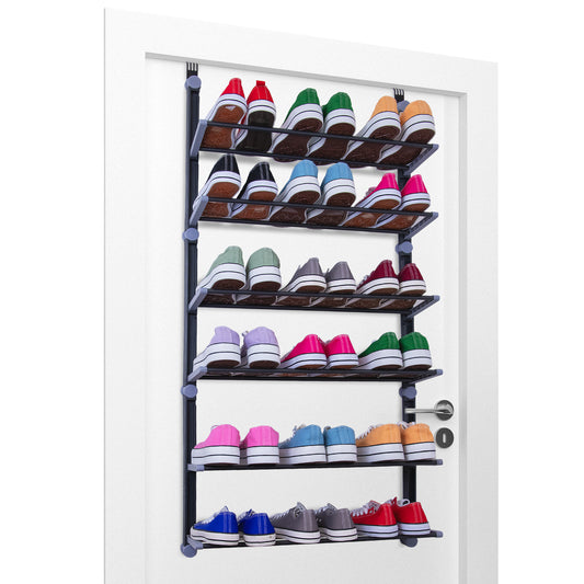 Over The Door Shoe Rack | 6 Tier Shoe Organiser | Space Saving for Bedroom, Hallway | Holds 18 Pairs | Foldable Non-Slip Metal (6 Tier)