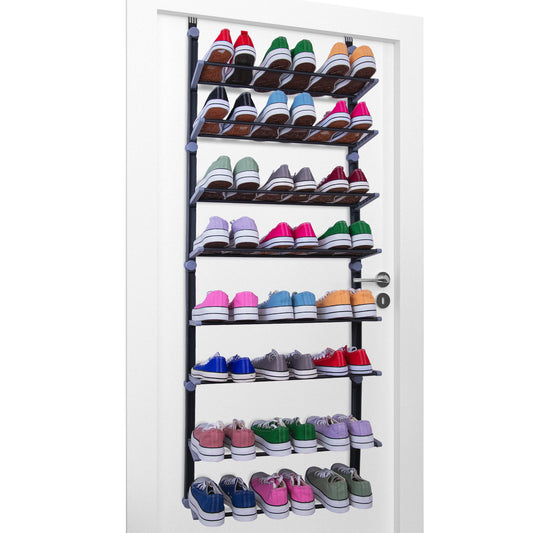Over Door Shoe Storage Organiser | 8 Tier Hanging Shoe Rack Holder | Space-Saving Shelf Holder for Bedroom, Hallway | Holds 24 Pairs | Foldable Non-Slip Metal (8 Tier)